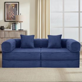 78" Convertible Sleeper Sofa Bed, Modular Corduroy Couch with 2 Pillows, Compressed Floor Sofa for Living Room, Bedroom (Blue)
