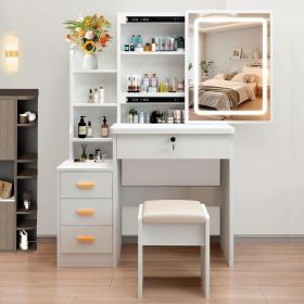 Vanity Desk with Sliding Mirror and Lights, Makeup Vanity Set with 4 Drawers, Stool, Open Shelves, 3 Color