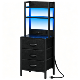 3-Drawer Nightstand with Charging Station and LED Light, Fabric Storage Dresser with 2-Tier Open Shelf