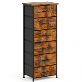 6 Drawer Dresser, Tall Narrow Storage Chest with Rustic Wood Print Fabric Drawers, Steel Frame Dresser for Bedroom Closet Entryway, Wood Top