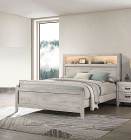 Simple Bedroom 1pc Queen Size Bed w Headboard Shelves and Light White Wash Contemporary Furniture