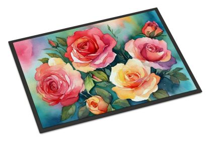 Oklahoma Roses in Watercolor Doormat Front Door Mat Indoor Outdoor Rugs for Entryway, Non Slip Washable Low Pile, 24H X 36W