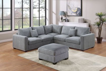 L-Sectional Sofa Corduroy Fog Color LAF And RAF Loveseats Corner Wedge Ottoman 4pcs Sectional Set Couch Living Room Furniture