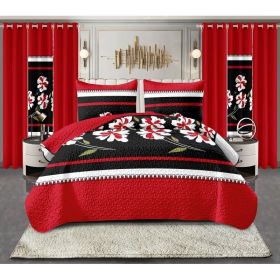 9-Piece Black Red Floral Bedspread Set With Curtains, Quilted Microfiber Bedding Set For Twin XL, King And Cal King (Option: King)