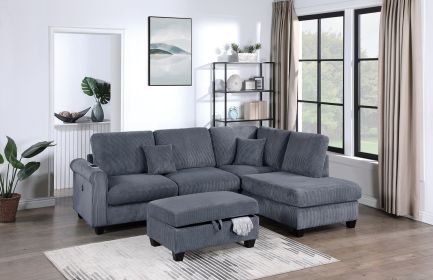 Contemporary Dark Gray 3pc Sectional Set Corduroy Upholstered LAF Sofa RAF Chaise Ottoman L-Sectional Living Room Furniture (Color: as Pic)